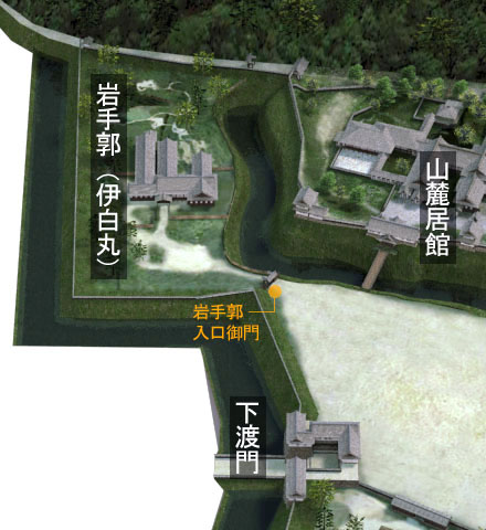 村上城・岩手郭の位置関係を示す3DCG図