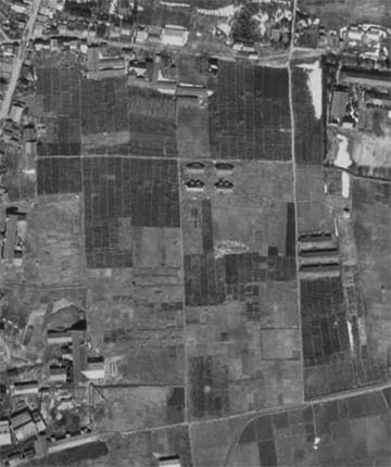 1948年の村上城下・駒込町跡を映した航空写真