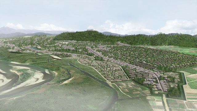 最大規模に拡大していた時期の村上城下全景3DCG